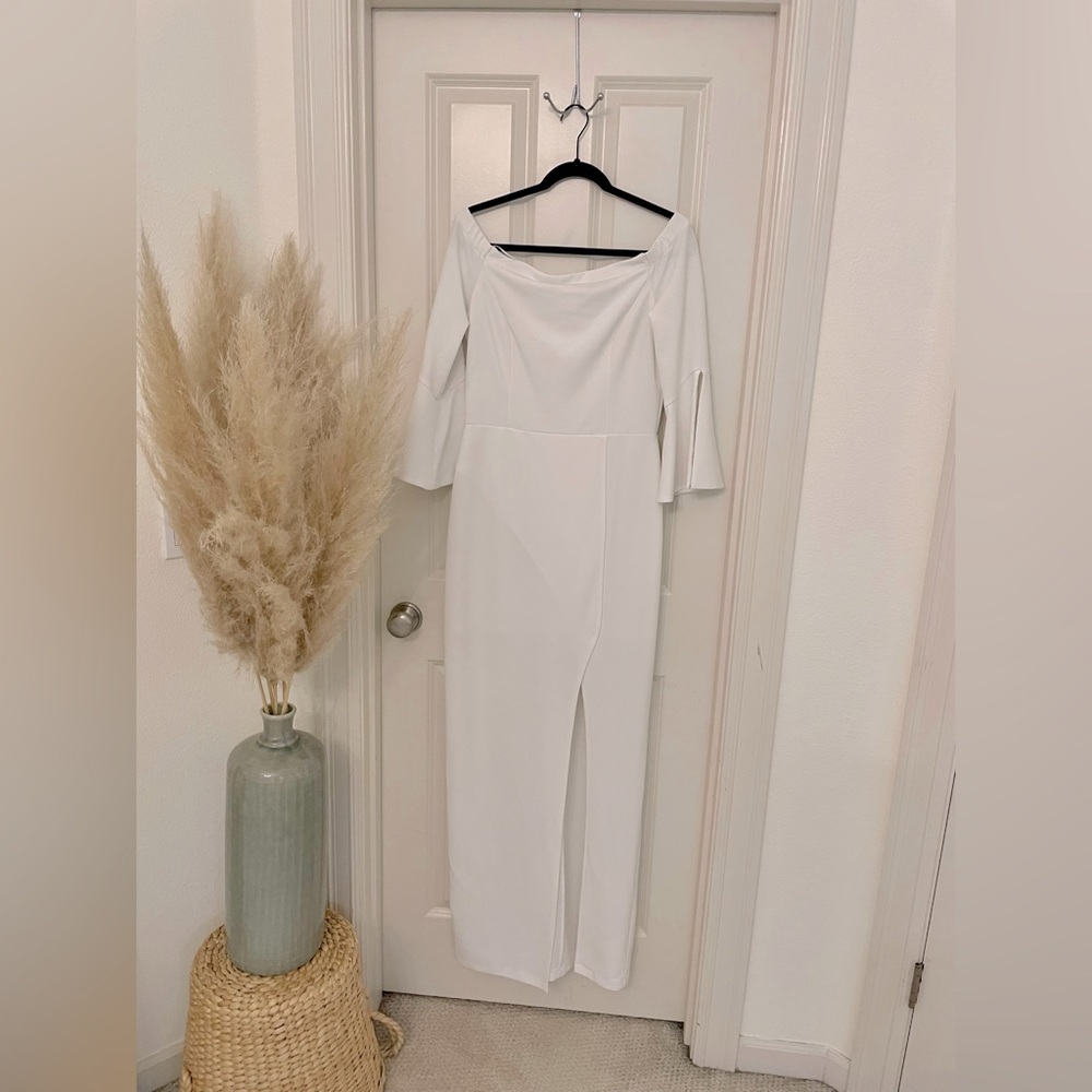 ABS white dress maxi slit off shoulder